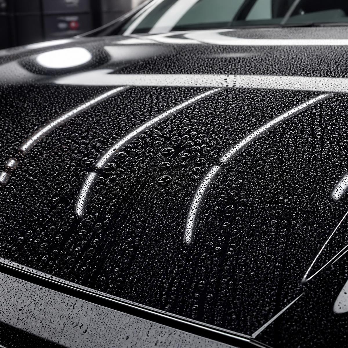 Water beading on a freshly protected black bonnet